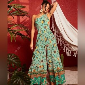 SHEIN VCAY Floral Print One Shoulder Wide Leg Jumpsuit